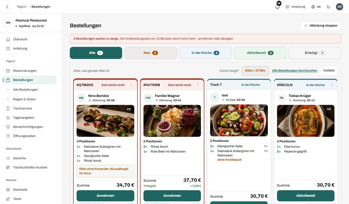 Resmuar-Panel: Bestellungen als Karten mit Gerichtefoto, darüber die Reiter Alle, Neu, In der Küche, Abholbereit und Erledigt und ein Hinweis, wenn Bestellungen zu lange warten.