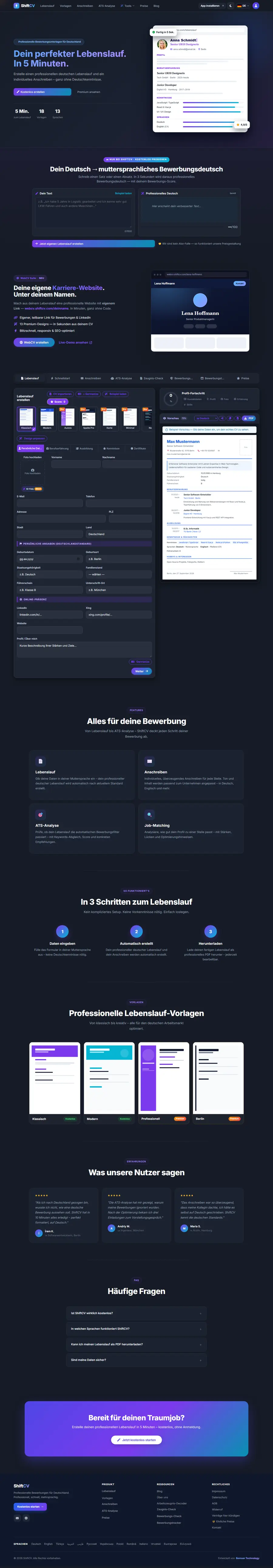 Screenshot der Website shiftcv.com